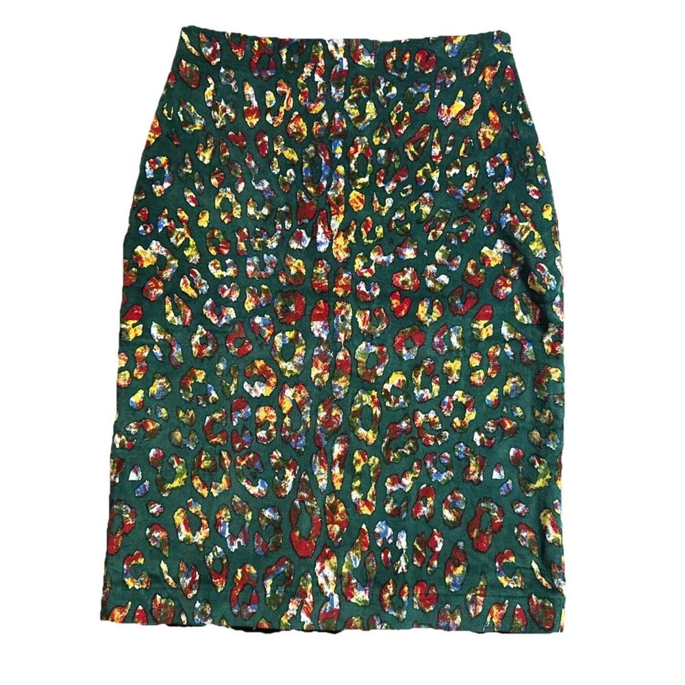 Samantha Sung Green Multi Cheetah Wool & Silk Blend Pencil MIDI Skirt Women 8